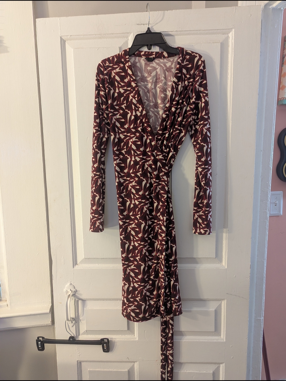 Ann Taylor Burgundy and Ivory Leaf-Print Wrap Dress